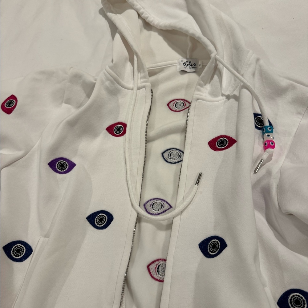 Lola + The Boys Evil Eye 🧿 White Hoodie with Colorful Eye Embroidery
